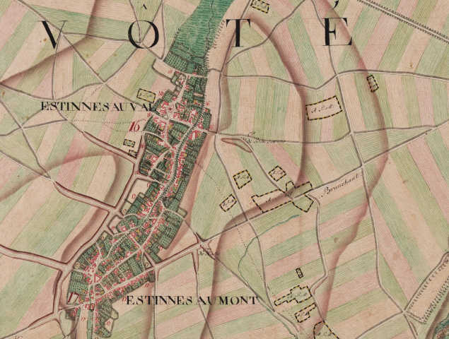 Les villages d'Estinnes-au-Mont et Estinnes-au-Val sur la carte de Ferraris de 1777.