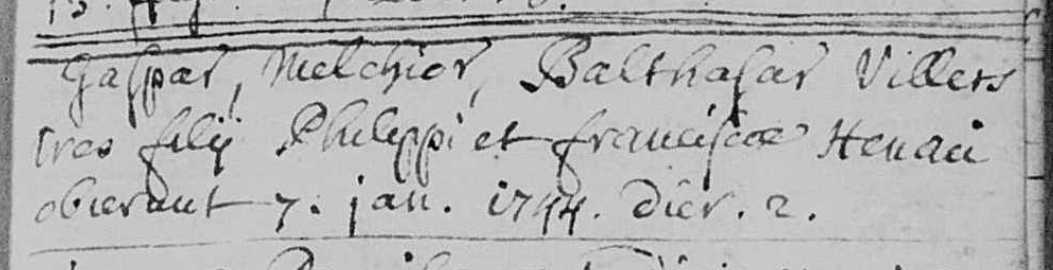Décès de Gaspar, Melchior et Balthasar Villers, le 7 janvier 1744, à Estinnes-au-Val