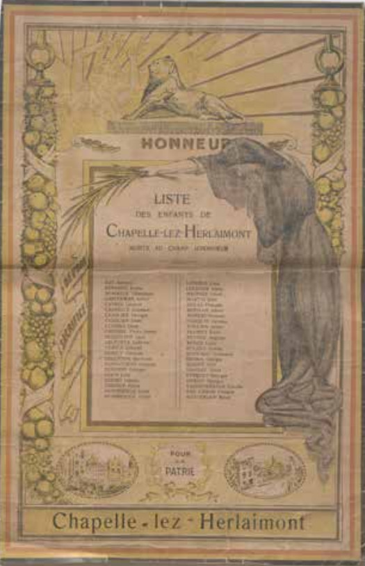 Liste des enfants de Chapelle-lez-Herlaimont morts au champ d’honneur, 1919. © Ar-chives de l’État à Mons, archives de la commune de Chapelle-lez-Herlaimont, en traitement.