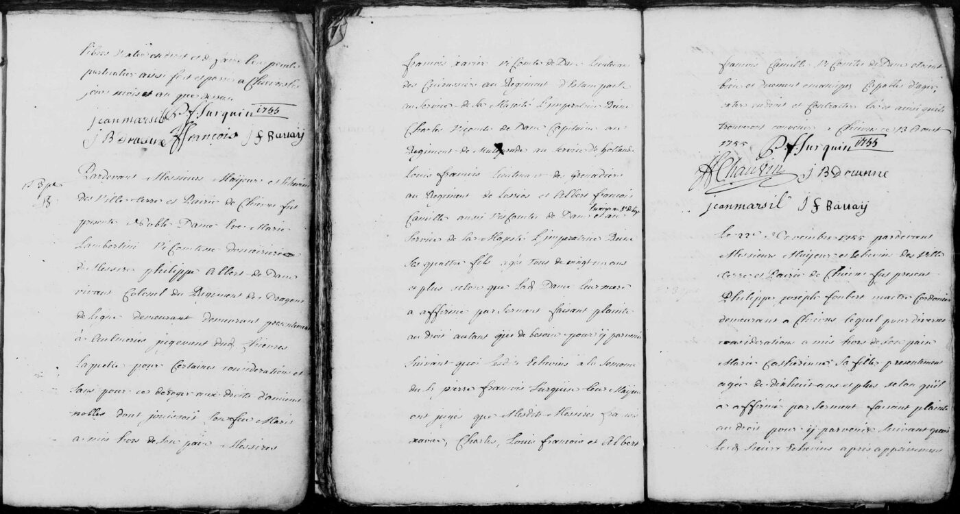 Acte d'émancipations le 13.08.1755 par Noble Dame Eve Marie LAMBERTINI vicomtesse douairière de Messire Philippe Albert de DAM.