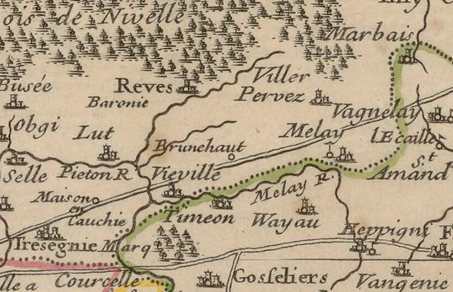 Extrait de la carte des comtés de Hainaut, Namur et Cambresis de Guillaume del'Isle (1706). Viesville, entité de la commune actuelle de Pont-à-Celles, était situé de temps immémoriaux et au 17ème siècle sur un axe de communication important qu'était la chaussée Bavay-Cologne.