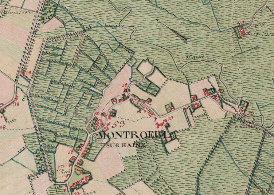 Le village de Montroeul-sur-Haine sur la carte de Ferraris de 1777